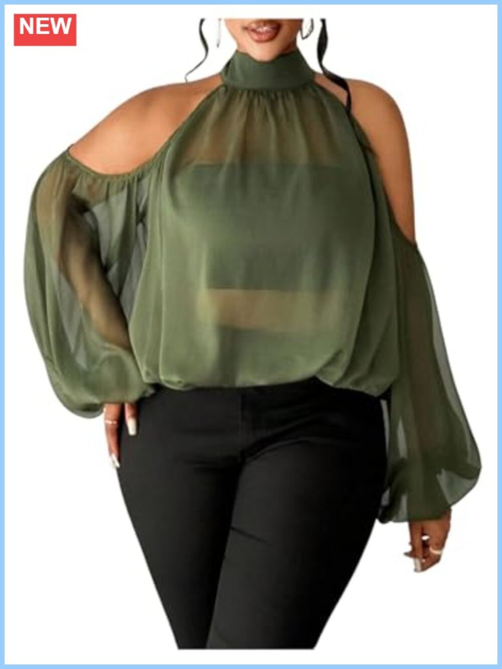 Plus Size Cold Shoulder Sheer Mesh Mock Neck Blouse